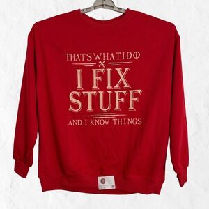 I Fix Stuff Sweatshirt Mens Large Red Excellent Graphic Relaxed Pullover Humor